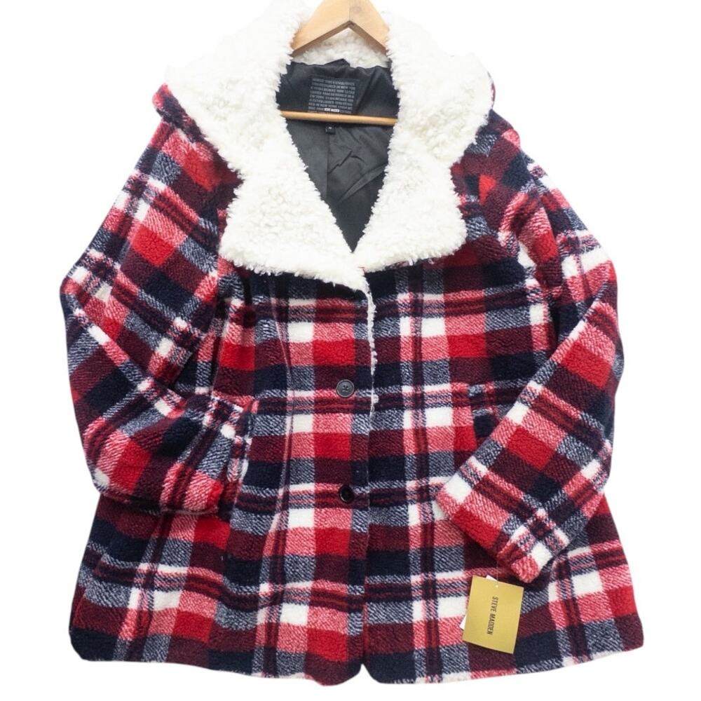 Steve Madden Red Plaid Sherpa Hooded Jacket Women's 1X NWT Fleece Lined Cozy
